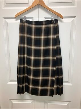 Vintage Surrey Classics pure virgin wool plaid tartan kilt skirt, brown/black 28